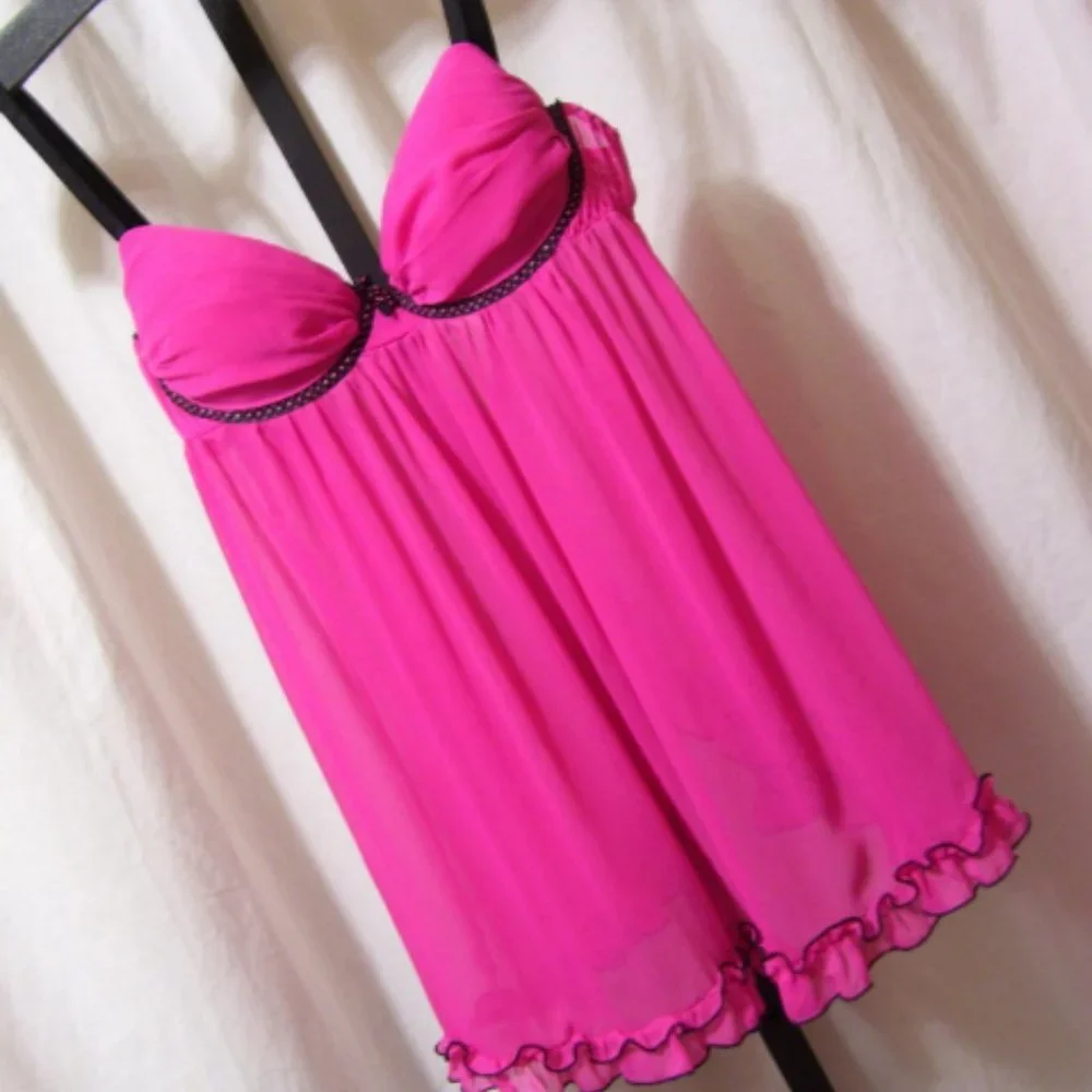 Ambrielle Sexy Hot Pink Black Short Baby Doll Night Gown Size M  NWOT